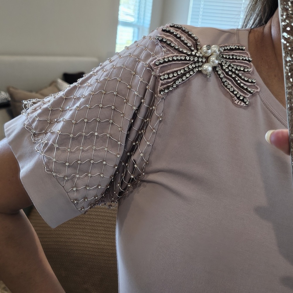 Pastel Light Pink Mesh Short Sleeve Mesh Top with Beaded Rhinestone Bow Accent
